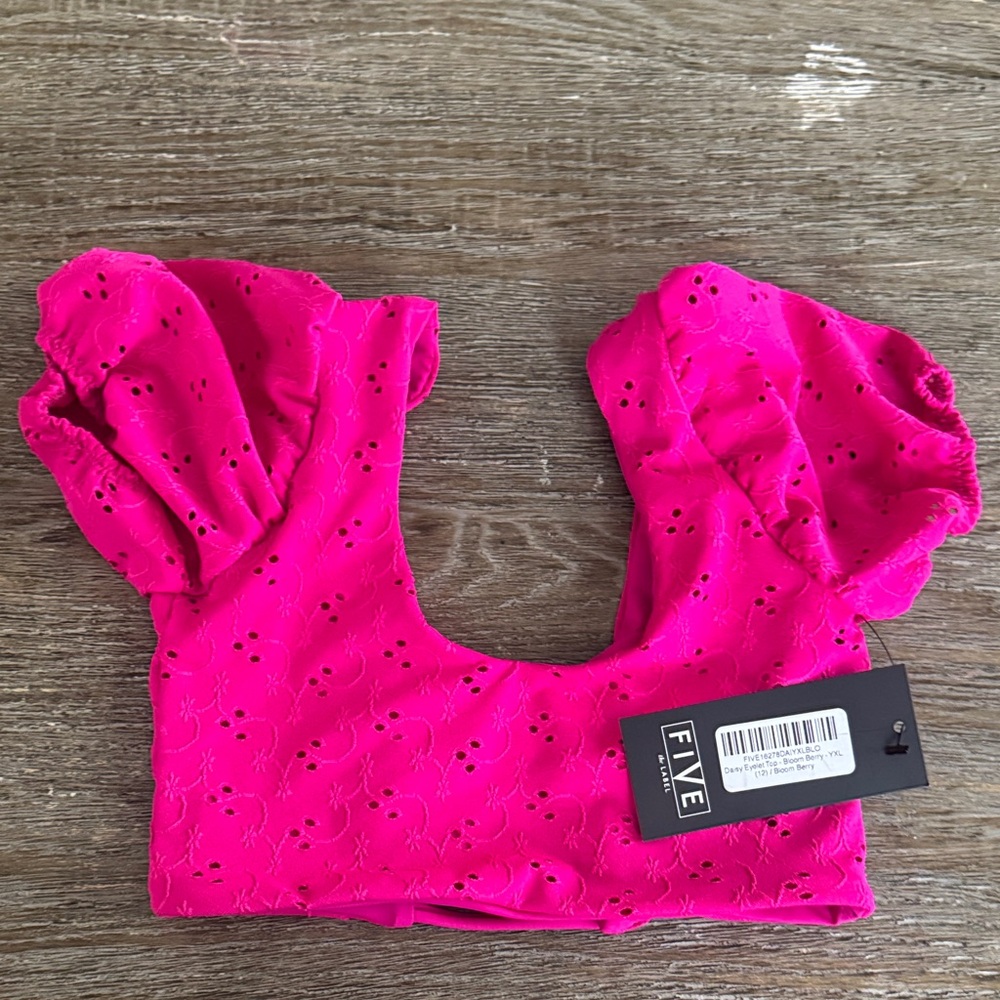 Five Pink Eyelet Daisy Puff Sleeve YXL (12)